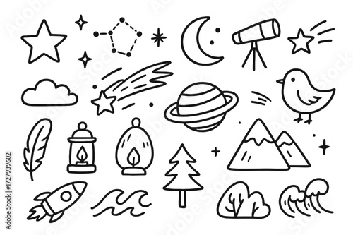 Celestial Doodle Icons. Hand-drawn doodle illustration Starry sky star, constellation, moon, comet, planet, telescope, cloud, shooting star, feather, lantern,