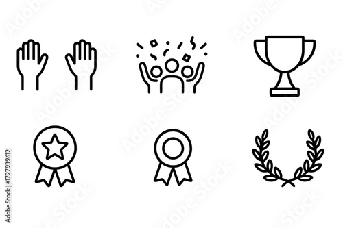Victorious Icons Collection. Outline icon set of winning moment: raised hands, cheering crowd, confetti, trophy cup, winner badge, star burst, prize ribbon,