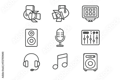 Audio-Visual Icon Set. Lighting and sound. Line icon set of lighting and sound: spotlight, stage light, floodlight, loudspeaker, microphone, soundboard,