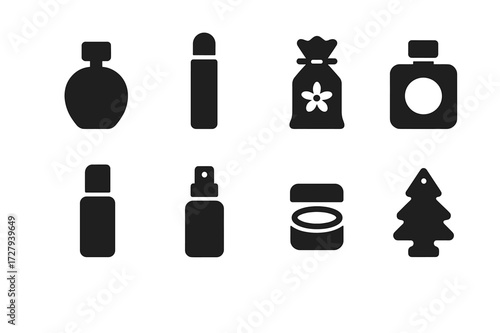 Travel Fragrance Icons. Solid, filled icon set of travel size fragrance: mini perfume bottle, travel rollerball, small scented sachet, tiny cologne, pocket