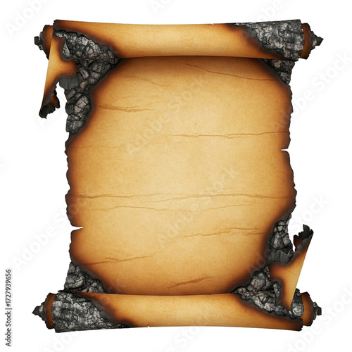 Old burnt parchment scroll page, aged paper background,Ancient scroll displaying a torn and burnt old paper background texture