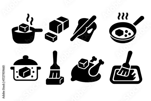Butter Uses Icons. Solid, filled icon set of butter uses: cooking, baking, spreading, frying, sauteing, glazing, roasting, greasing pan. Solid, filled icons in