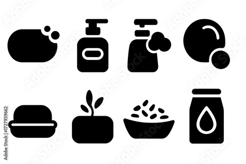 Soap Icon Set. Solid, filled icon set of soap types: bar soap, liquid soap dispenser, foaming soap, soap bubble, soap dish, scented soap, soap flakes, soap