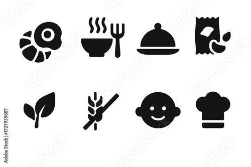 Food Menu Icons. Solid, filled icon set of food menu categories: breakfast, lunch, dinner, snacks, vegan, gluten-free, kids menu, chef?s special. Solid, filled