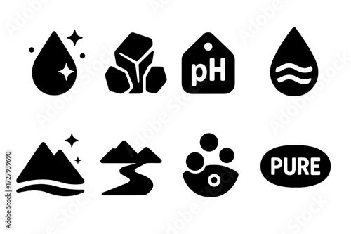 Mineral Water Icons. Solid, filled icon set of mineral sparkling water: natural spring icon, mineral rock, pH level tag, filtered droplet, mountain silhouette,