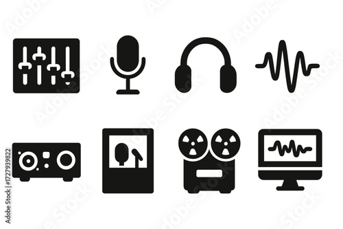 Metal Studio Icon Set. Solid, filled icon set of metal recording studio: mixing desk, microphone, headphones, sound waves, audio interface, recording booth,