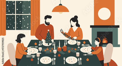 Caucasian Family of Four Decorating the Christmas Dinner Table at Home