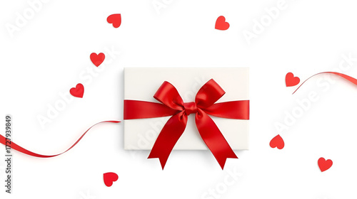 gift greeting card with red bright ribbon bow Isolated on transparent background, top view, copy space for label price ticket, Merry Christmas, mother or valentine's day shopping or advertising banner