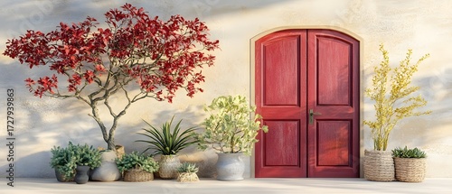 Mediterranean House Entrance with Red Door and Potted Plants