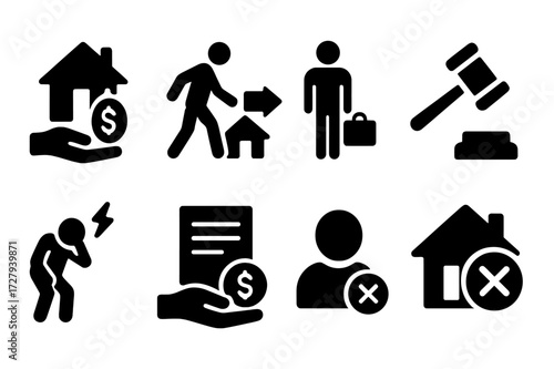 Insolvency Icons Set. Solid, filled icon set of insolvency consequences: repossession, eviction, job loss, legal action, stress, debt collection, blacklisted,