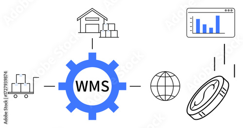 Central gear labeled WMS connected to warehouse, data chart, globe, pallet truck, and coin. Ideal for logistics, data tracking, inventory e-commerce global trade supply chain automation. Simple