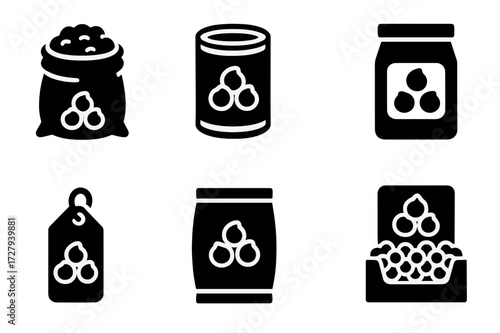 Chickpea Packaging Icons. Solid, filled icon set of chickpea packaging: sack of chickpeas, canned chickpeas, paper bag, glass jar, tin can, label tag, sealed