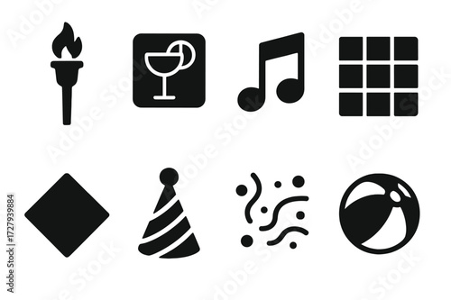 Spritz Party Icons. Solid, filled icon set of spritz party elements: tiki torch, neon sign, music note, dance floor, cocktail napkin, party hat, confetti,
