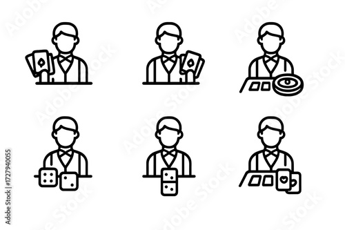 Casino Game Icons. Outline icon set of dealer game types: blackjack, poker, baccarat, roulette, craps, pai gow, three card poker, casino war. Line icons in