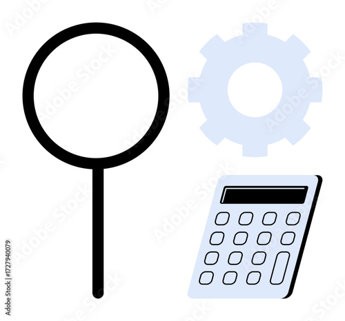 Magnifying glass, gear, and calculator indicate investigation, process optimization, and numerical assessment. Ideal for business, strategy, data management, technology efficiency research