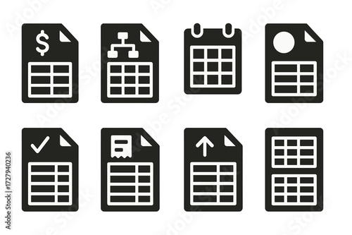 Spreadsheet Icons Collection. Solid, filled icon set of spreadsheet templates: budget sheet, project plan, calendar view, invoice template, attendance log,