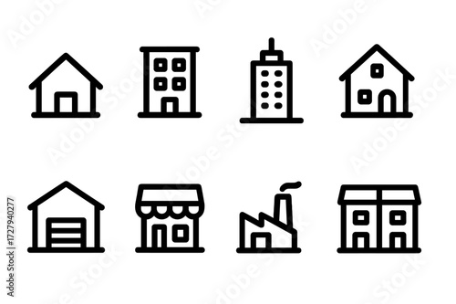 Real Estate Icon Set. Solid, filled icon set of real estate property types: house, apartment building, office tower, villa, warehouse, retail store, industrial