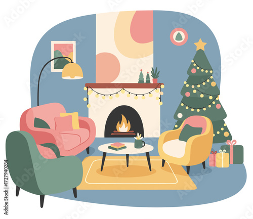 Mid-Century Modern Living Room Decorated for Christmas with Fireplace
