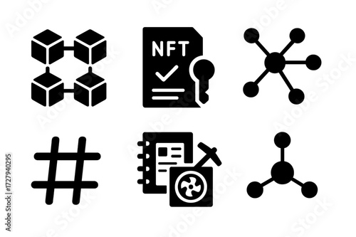 NFT Technology Icons. Solid, filled icon set of NFT technology: blockchain, smart contract, cryptographic key, decentralized network, hash, digital ledger,