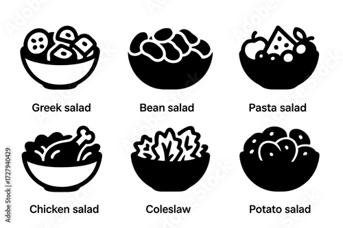 Salad Icons Collection. Solid, filled icon set of salad varieties: Greek salad, bean salad, pasta salad, fruit salad, chicken salad, coleslaw, Caesar salad,