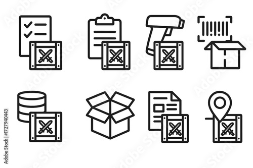 Weapon Crate Icons. Outline icon set of weapon crate inventory management: checklist, clipboard, barcode scanner, database, inventory box, shipping manifest,