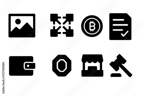 NFT Basics Icons. Solid, filled icon set of NFT basics: digital art, blockchain, cryptocurrency, smart contract, digital wallet, token, marketplace, auction