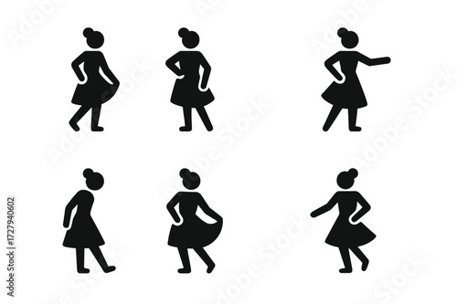 Curtsy Dance Icons. Solid, filled icon set of curtsy dance moves: step down, skirt sweep, knee bend, arm extension, head bow, foot twist, hand glide, turn.