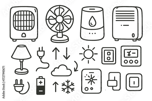 Hand-drawn Climate Icons. Hand-drawn doodle illustration Portable heating and cooling devices heater, fan, humidifier, dehumidifier, air purifier, lamp, plug,