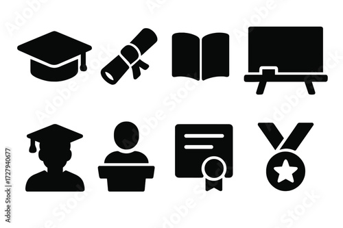 Education Influence Icons. Solid, filled icon set of influence in education: graduation cap, diploma, open book, chalkboard, student, lecture podium,