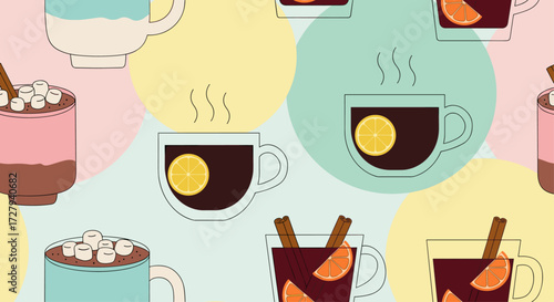 Seamless Pattern with Hot Winter Drinks in Mugs and Cups
