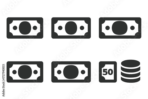 Monopoly Money Icons. Solid, filled icon set of monopoly money denominations: $ bill, $ bill, $ bill, $ bill, $ bill, $ bill, $ bill, coin stack. Solid, filled