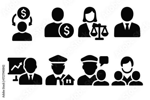 Financial Figures Icons. Solid, filled icon set of financial trouble participants: debtor, creditor, lawyer, financial advisor, bank officer, collection agent,