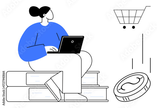Woman sitting on books using a laptop, coin dropping and shopping cart suggesting online shopping, education, and investment. Ideal for education, e-commerce, finance, remote work, learning business