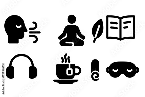 Anxiety Coping Icons. Solid, filled icon set of anxiety coping strategies: deep breath, meditation pose, calming leaf, journal, headphones, herbal tea, yoga