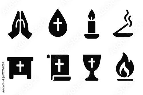 Blessing Ritual Icons. Solid, filled icon set of blessing rituals: prayer hands, holy water, candle flame, incense stick, altar, blessing scroll, chalice,