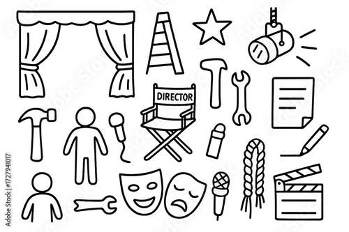 Theatrical Stage Tools. Hand-drawn doodle illustration Stage set design stage curtain, ladder, hammer, wrench, star, spotlight, director?s chair, clipboard,