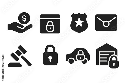 Government Seizure Icons. Solid, filled icon set of government seizure: confiscated assets, locked box, police badge, sealed envelope, auction hammer, security