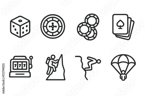 Bold Decisions Icons. Outline icon set of bold decisions: dice, roulette wheel, poker chips, card deck, slot machine, mountain climbing, cliff