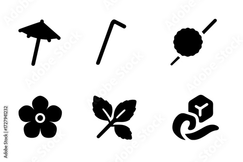 Cocktail Icon Set. Solid, filled icon set of martini glass decoration: cocktail umbrella, straw, sugar rim, cocktail pick, edible flower, mint sprig, citrus