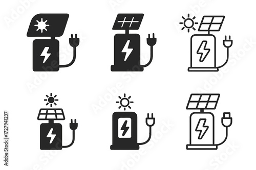 Solar Charger Logos. Charging stations. Set Logo of charging stations: Solar-powered charger icon. harmonious logo variations of the same emblematic concept