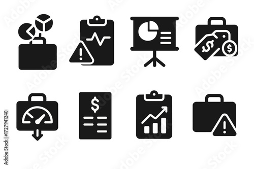 Stock Portfolio Icons. Solid, filled icon set of stock portfolio management: diversification, risk assessment, asset allocation, profit margin, loss limit,
