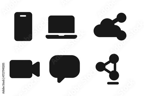 Content Sharing Icons. Solid, filled icon set of content sharing platforms: smartphone, laptop, cloud storage, share button, video camera, chat bubble, social
