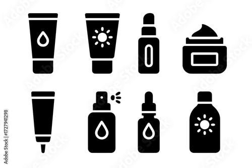 Windburn Skincare Icons. Solid, filled icon set of windburn skincare products: moisturizer, sunscreen, lip balm, face cream, ointment tube, facial mist,