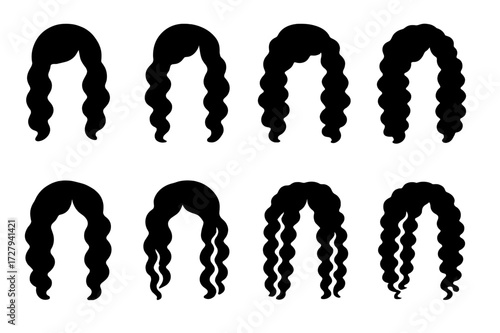 Ringlet Hair Icons. Solid, filled icon set of ringlet hair colors: natural black, dark brown, auburn, blonde, caramel, ombre curls, highlighted ringlets,