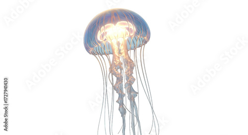 Jellyfish floats against a white background light shining from within the creature.