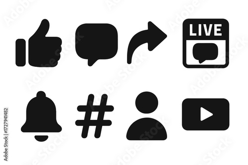 Social Media Icon Set. Solid, filled icon set of TV network social interaction: like button, comment bubble, share arrow, live chat, notification bell,