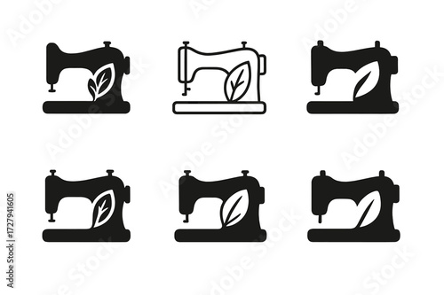 Ethical Fashion Logos. Ethical fashion brands and production. Set Logo of ethical fashion brands and production: Sewing machine with leaf. harmonious logo