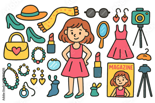 Colorful Fashion Doodles. Fashion accessories. Colorful Hand-drawn doodle Children illustration Handbag, shoes, scarf, hat, necklace, bracelet, earrings,