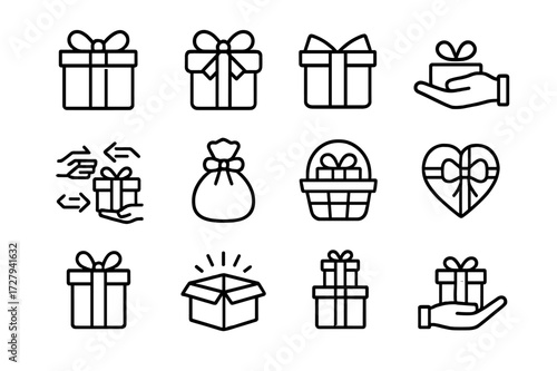 Gift Icon Collection. Gift Offering. Line icon set of Gift Offering: wrapped gift box, gift with bow, open gift box, hand holding gift, gift exchange, festive