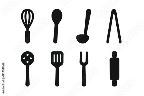 Kitchen Utensils Icons. Solid, filled icon set of kitchen utensils set: oak whisk, wooden spoon, ladle, tongs, slotted spoon, spatula, carving fork, rolling